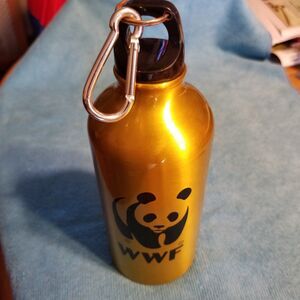 WWF World Wildlife Foundation Panda Logo Water Bottle Metal gold NWOT